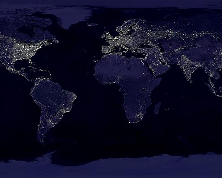 Satellite image showing Earth's city lights at night. 