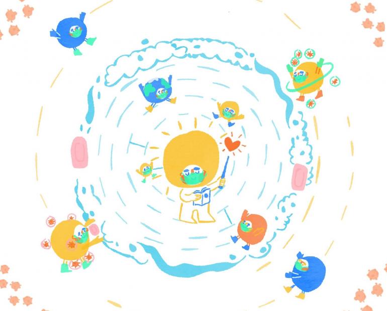 solar system planets wearing masks distance washing hands illustration