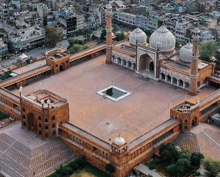Drone view of Chandni Chowk, Old Delhi, India.
