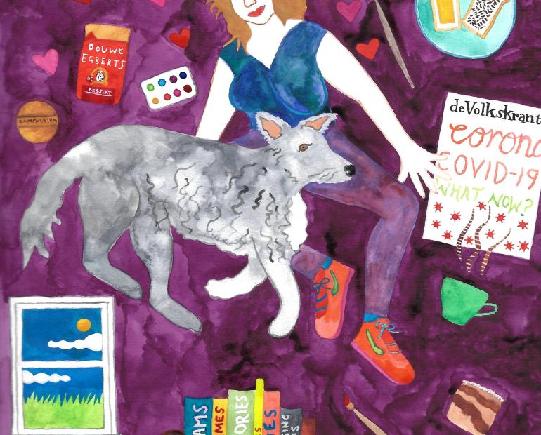 A young woman with orange-brown hair and a grey dog surrounded by objects including books, paint brushes, a cup, a cookie, a coffie bag, a window, a newspaper, a plate with bread and love hearts