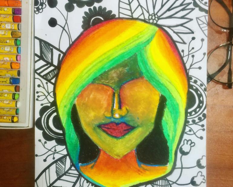 A Girl in the rainbow and flowery background 