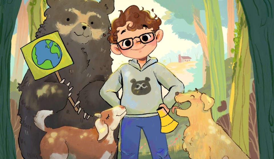 Illustration of Francisco in a forest surrounded by a bear, a goat, a cat. The bear is holding a placard with an illustration of the Earth.
