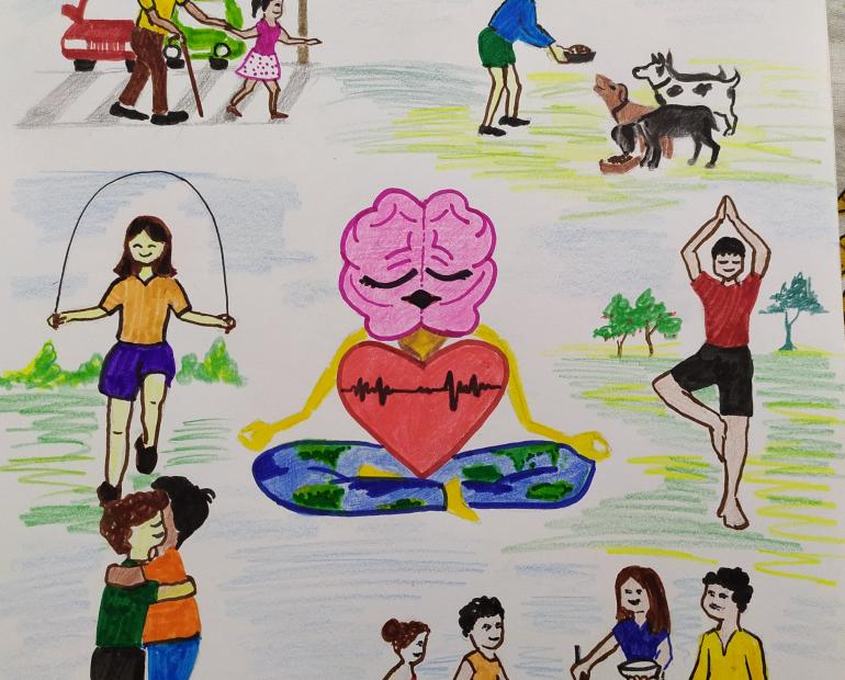 People helping out others, doing exercise and expressing gratitude, surrounding a yogi who is a brain, a heart and body as the Earth.