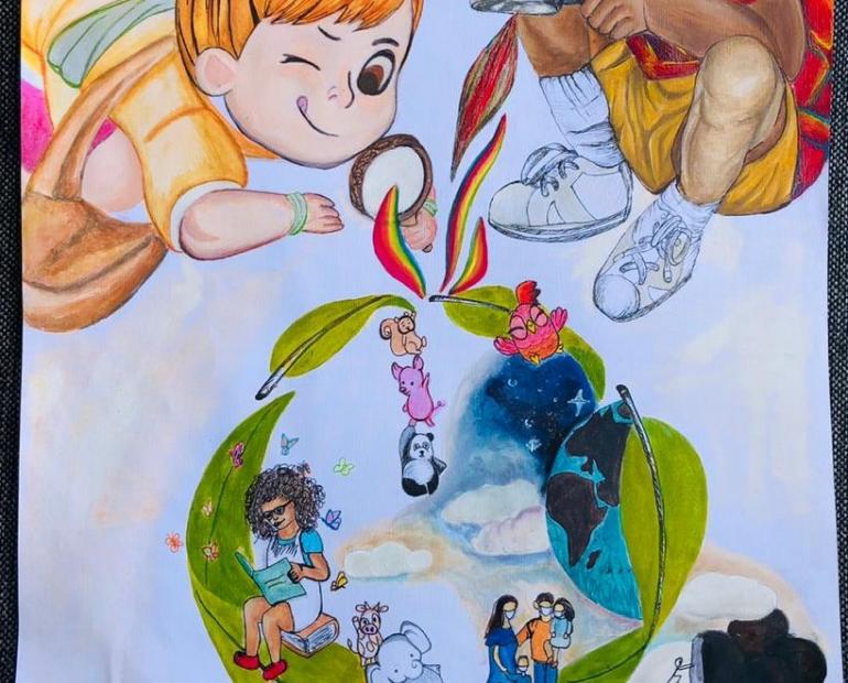 The drawing shows two children who are looking through magnifying glass. With a magical flow, the future environment is displayed through recycle icon.
