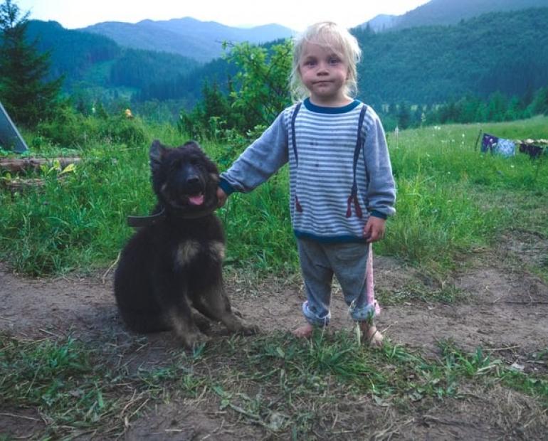 Girl wearing blue striped shirt beside black dog photo