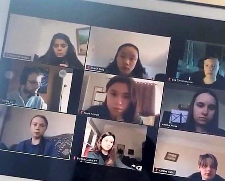 Sofía (21) in a zoom call with her climate activists friends planning activities for Earth Day and Online Strike.