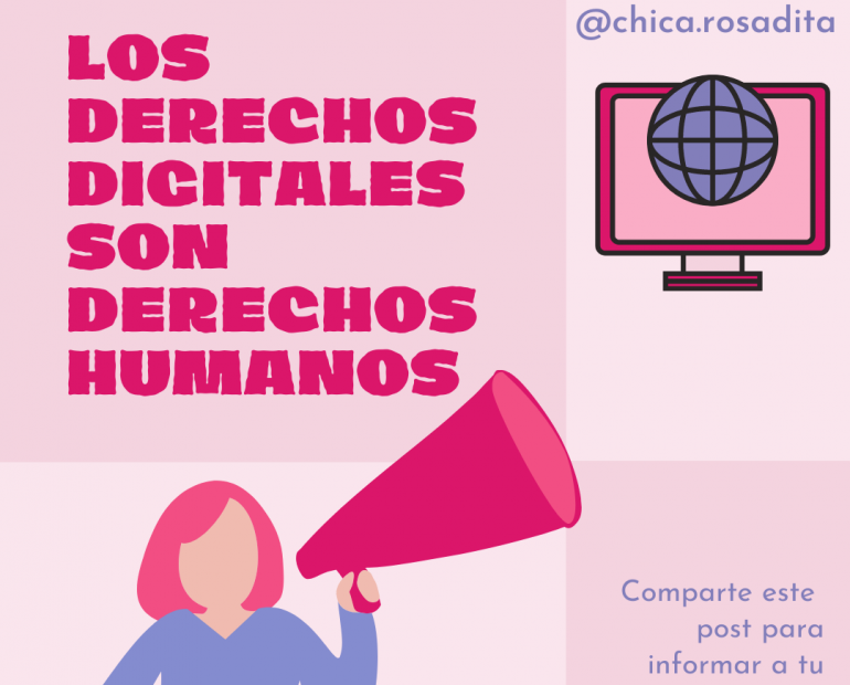 Imagen con tonos rosados, que dice en grande "los derechos digitales son derechos humanos".