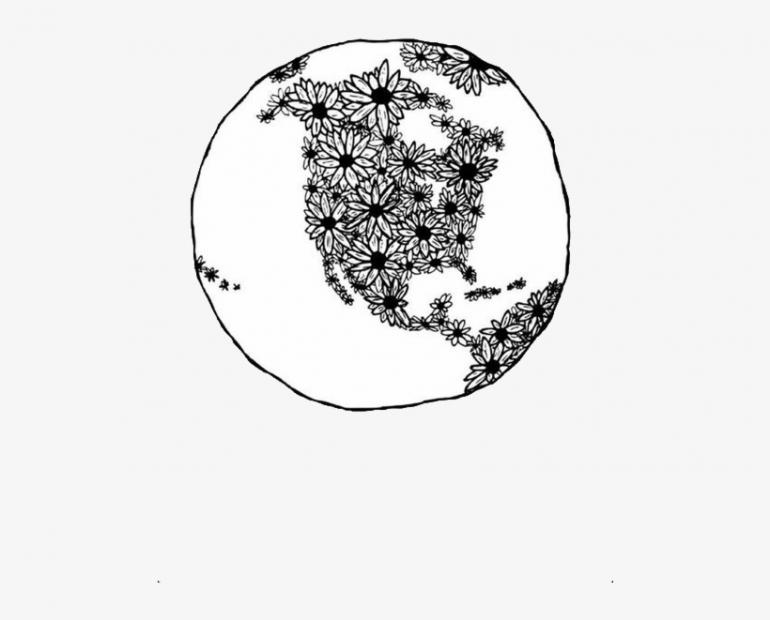 a drawing of the earth in black and white and it is full of flowers