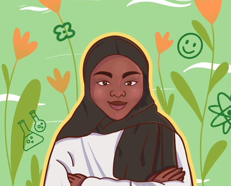 Aisha stands with her arms crossed, with flowers and plants and other elements in the background.