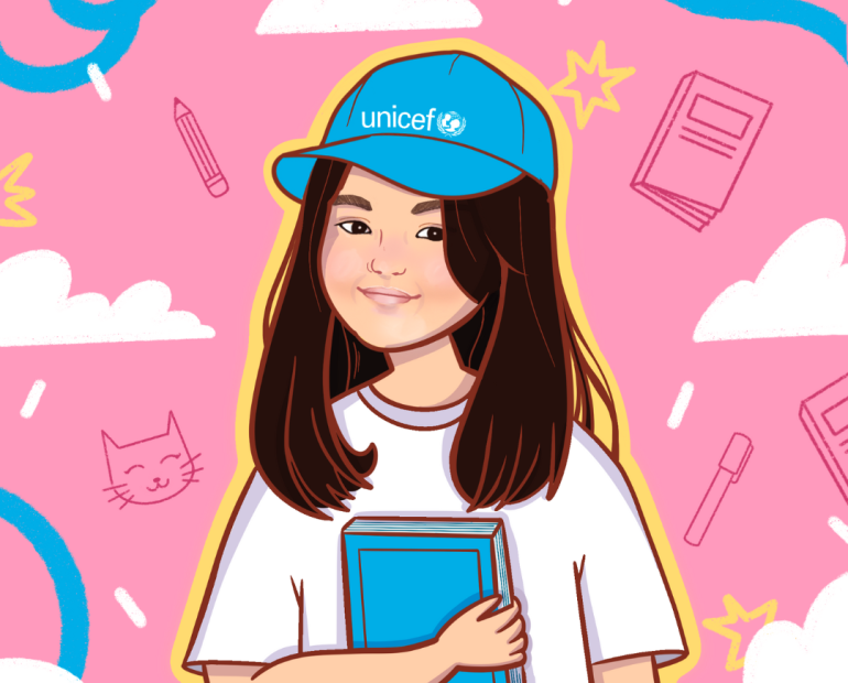 An illustration of a girl wearing a UNICEF hat and holding a book, with a pink background that includes illustrations of cats, pens, books and clouds. 