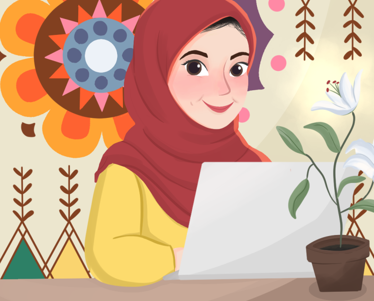 Illustration of a young woman smiling in front of a computer with a Yemeni-inspired pattern with flowers in the background. 
