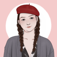 An illustration of Laken wearing two braids, a gray cardigan, and a red beret. 