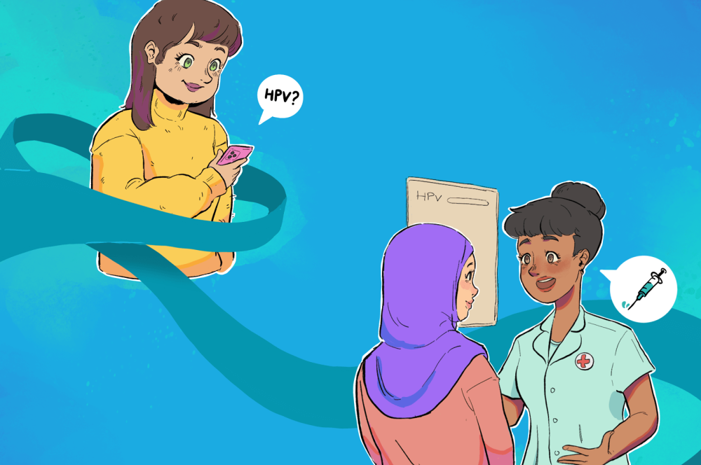 Young person on the phone learning about HPV. Young person talking to a nurse about HPV.