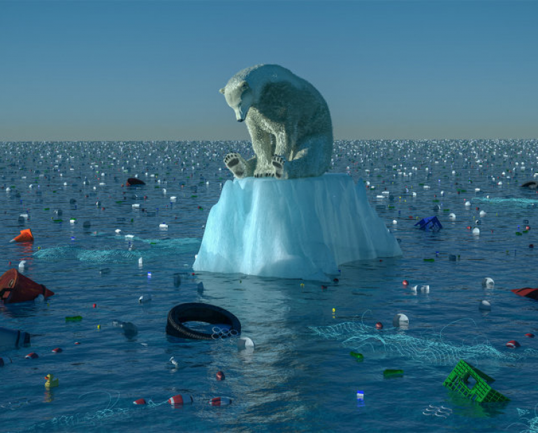  A polar bear standing on the last piece of iceberg surrounded by plastic. Demonstrates the effects of global warming. 