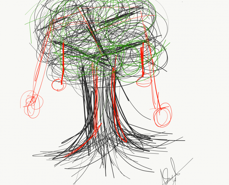 A drawing of a luscious tree, bleeding to death.