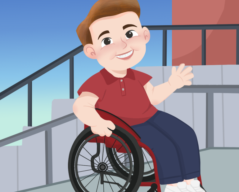 An illustration of a boy in a wheelchair smiling and waving, with a building with a ramp in the background. 