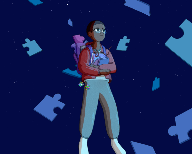 Illustration of an adolescent boy floating in space surrounded by puzzle pieces while he holds a book and carries a backpack. 